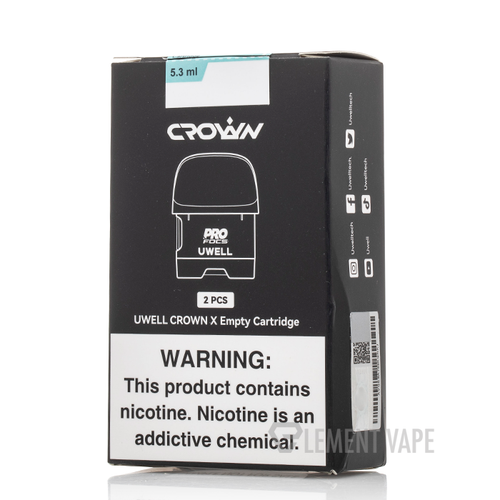 Packaging for Uwell Crown X Replacement Pods with a label showing 2 empty pods and a capacity indication of 5.3mL.