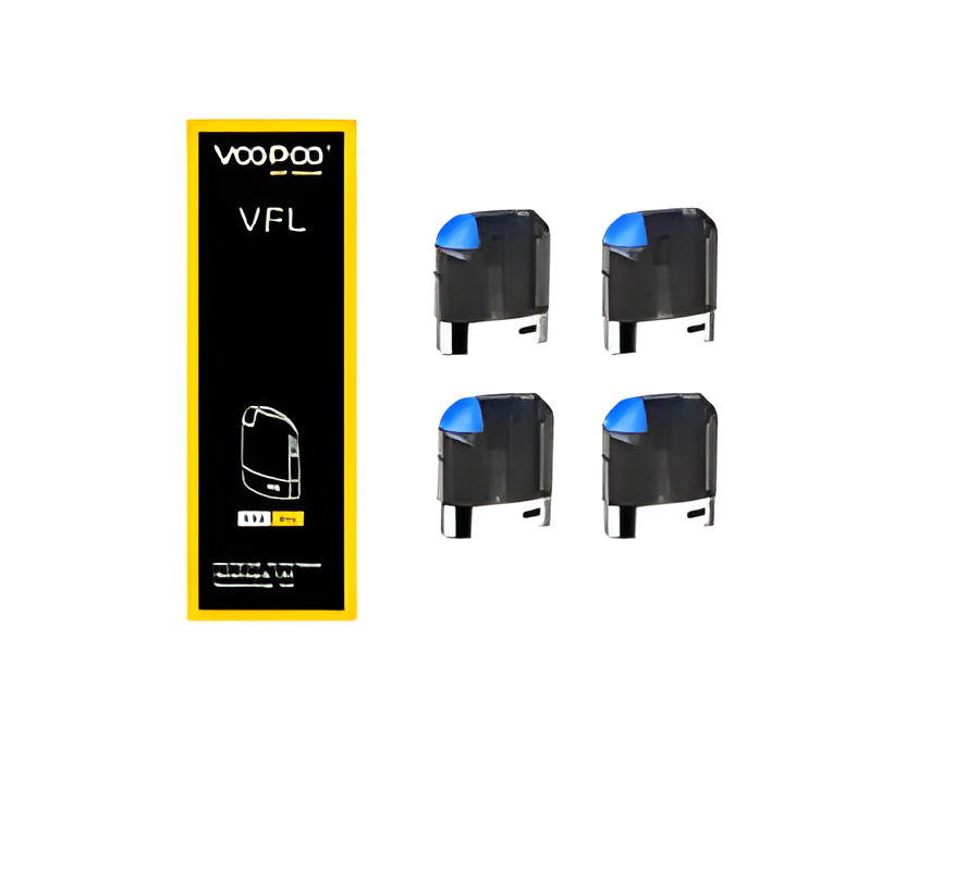 Two VOOPOO VFL replacement pods displayed horizontally with a packaging box in the background featuring the VOOPOO logo and product information.