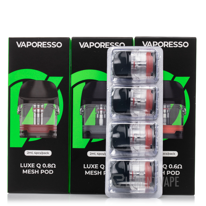 Vaporesso Luxe Q vape pods with packaging on a white background