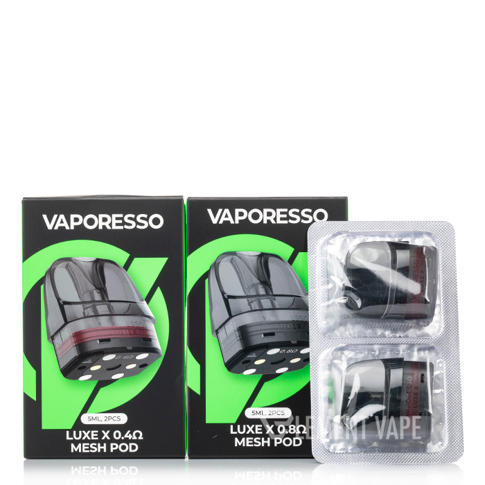 Vaporesso Luxe X Mesh Pod packaging with a clear plastic pack on a white background