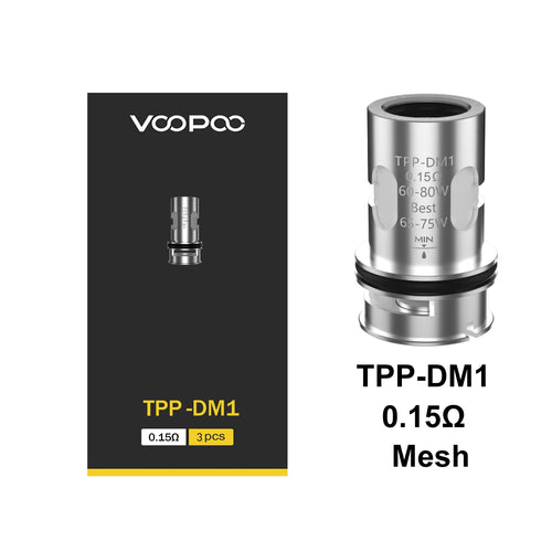 Packaging and product image of VooPoo TPP Replacement Coils, displaying the TPP-DM1 coil and its specifications.