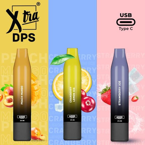Three disposable pod vapes in different flavors: Peach Mango, Lemon Ice, and Strawberry Ice. Each pod has a color scheme and flavor depiction in the background.