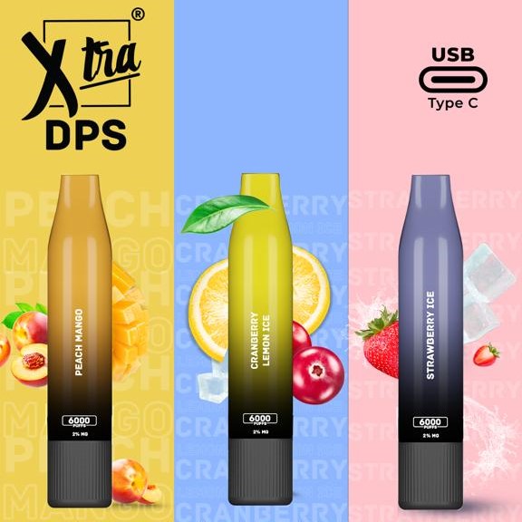 Three disposable pod vapes in different flavors: Peach Mango, Lemon Ice, and Strawberry Ice. Each pod has a color scheme and flavor depiction in the background.