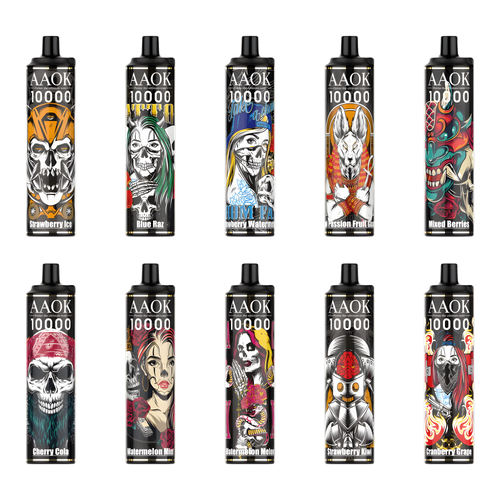 A collection of AAOK A83 11000 puffs disposable vapes in various flavors, each with its own unique artistic design on the pod.