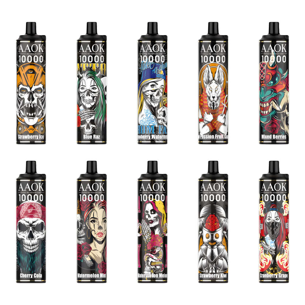 A collection of AAOK A83 11000 puffs disposable vapes in various flavors, each with its own unique artistic design on the pod.