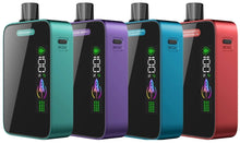 Load image into Gallery viewer, A collection of Yuzu 15000 Puff disposable vapes in various colors including green, purple, black, and red, with digital displays and airflow control.
