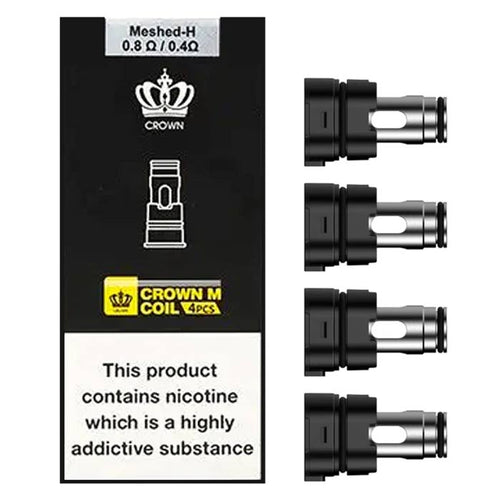 Packaging for Uwell Crown M Replacement Coils, displaying the coils and their specifications, with a warning about nicotine content.