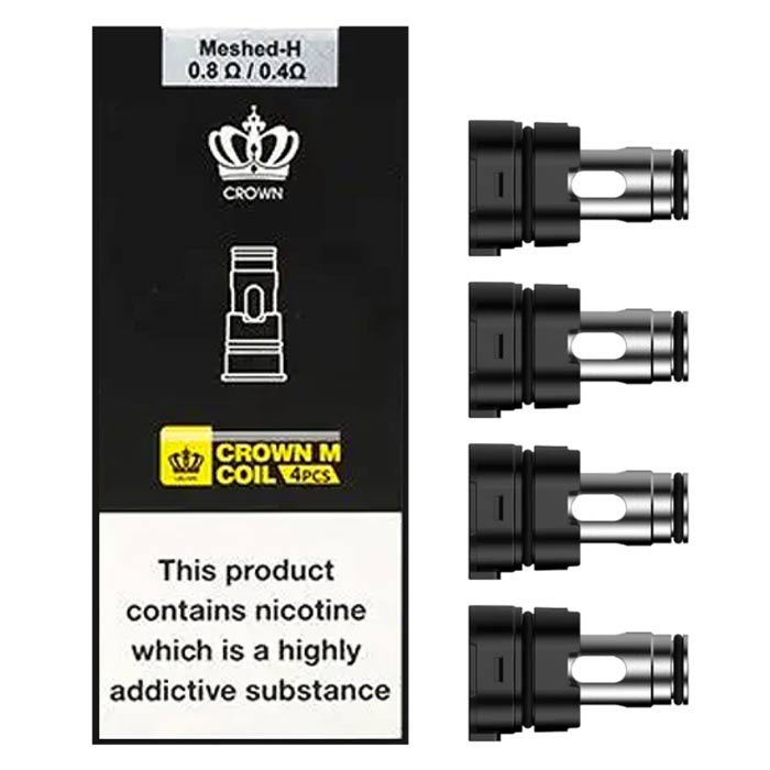 Packaging for Uwell Crown M Replacement Coils, displaying the coils and their specifications, with a warning about nicotine content.