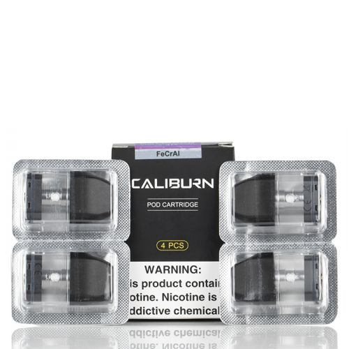 A pack of four Caliburn Pod cartridges in a transparent plastic packaging with a black and white label indicating the product information and brand.