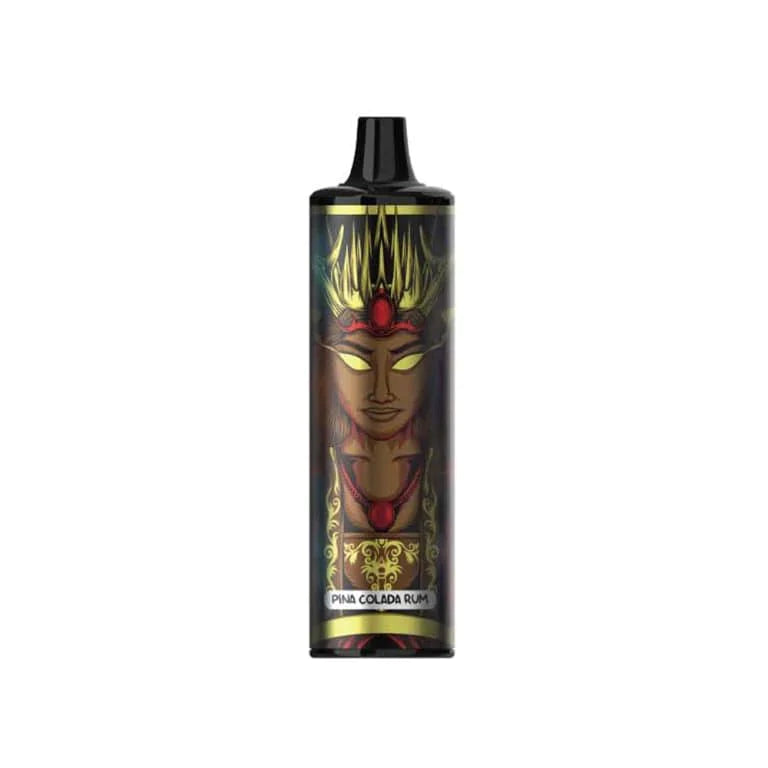 A disposable vape device with a graphic design featuring a stylized character in gold and black colors on the pod.