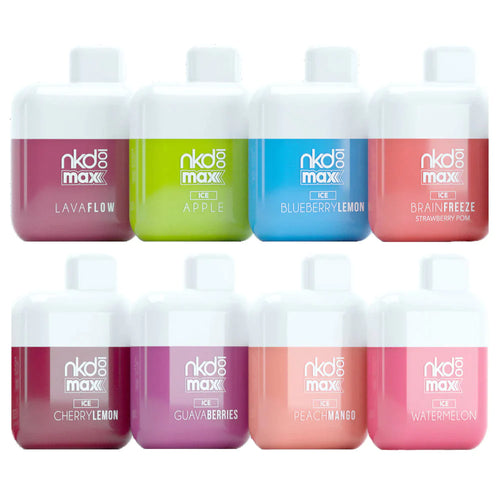 An assortment of Naked 100 Max Disposable Vape devices in various flavors, including Lava Flow, Ice Watermelon, and Blueberry Lemon, among others.