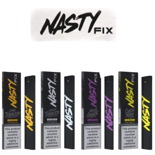A collection of Nasty Fix disposable vape devices with black bodies and colorful branding, featuring the product name and flavor information.