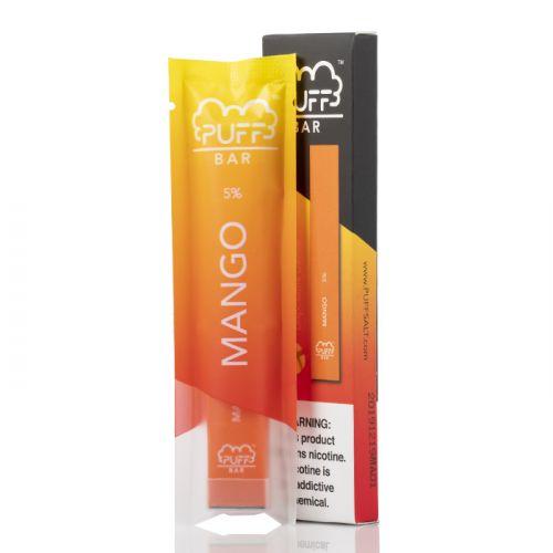 Packaging of Puff Bar disposable vape device with Mango flavor, displaying the product in a vertical orange and yellow sleeve, alongside the box with brand and product name.