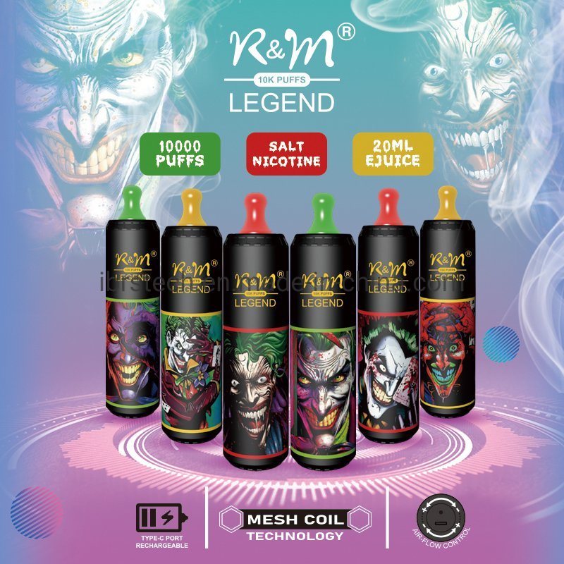 A range of R&M Legend disposable vapes with various character designs on them, indicating different flavors or variants, displayed in a promotional graphic.