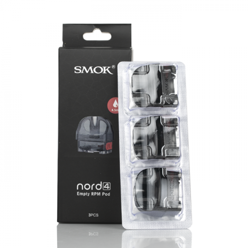 A pack of SMOK Nord 4 replacement pods, featuring six individual pods in a clear plastic packaging with a black label and branding.