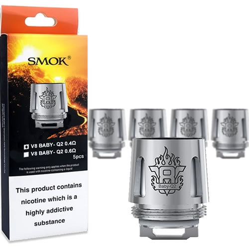 Packaging of Smok V8 Baby Q2 replacement coils showing five coils with the brand and product information.
