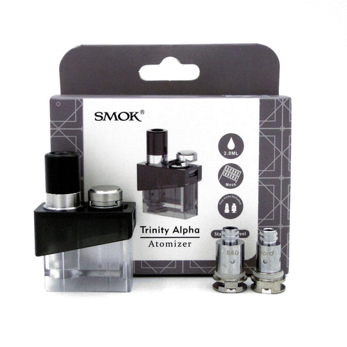 SMOK Trinity Alpha Replacement Atomizer with packaging, displaying the empty pod, two mesh coils, and the atomizer components.