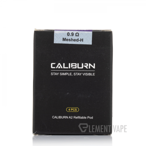 Packaging for Uwell Caliburn A2/A2S Replacement Pods with a visible text indicating the pod resistance of 0.9 ohm.