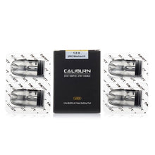 Load image into Gallery viewer, A pack of four Uwell Caliburn A2S replacement pods with side fill design, displayed in front of its packaging box.
