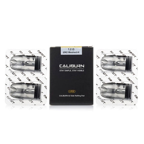 A pack of four Uwell Caliburn A2S replacement pods with side fill design, displayed in front of its packaging box.