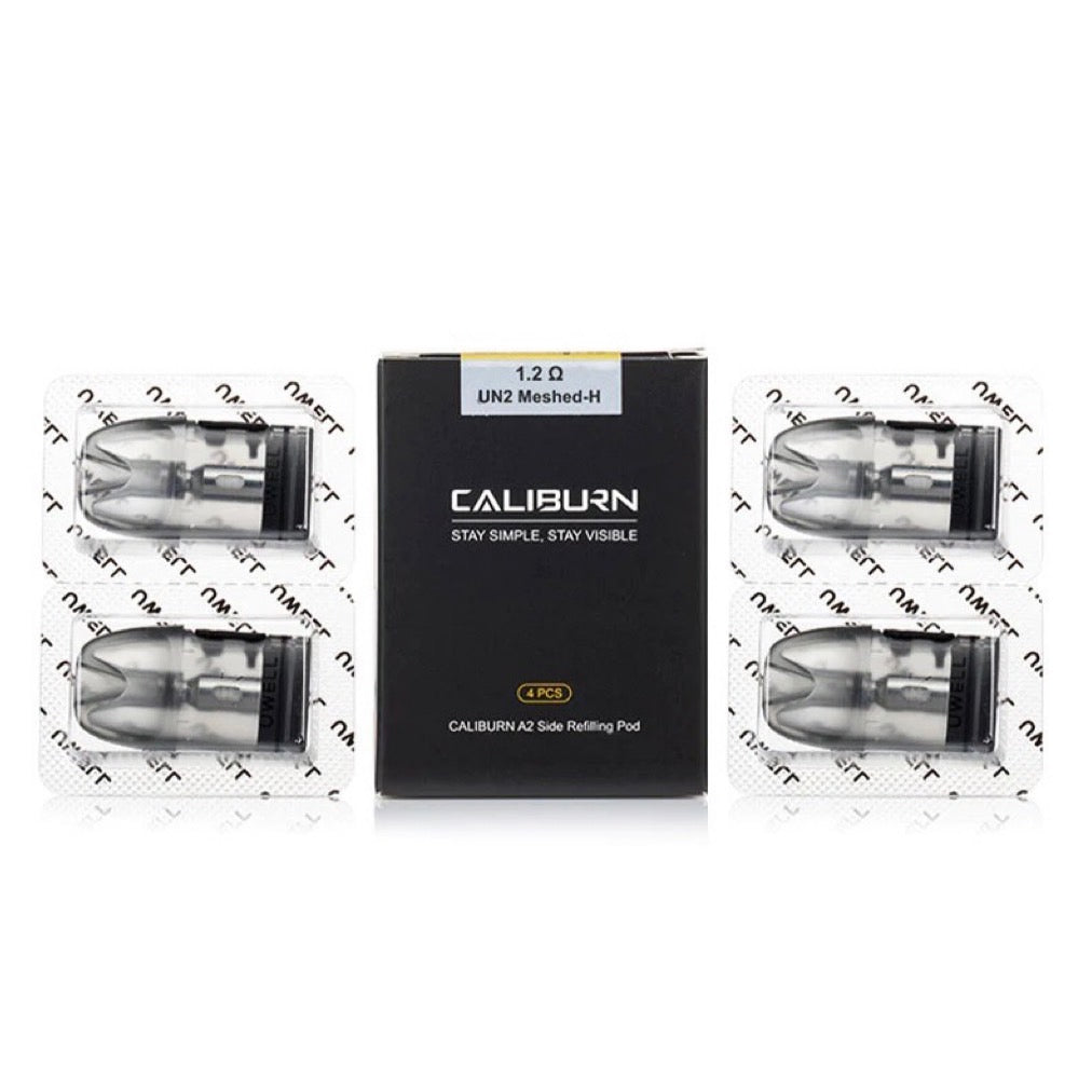 A pack of four Uwell Caliburn A2S replacement pods with side fill design, displayed in front of its packaging box.