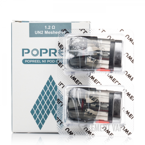 Packaging of Uwell Popreel N1 Replacement Pods with visible clear pods inside, showcasing the 1.2ohm coil and branding details.