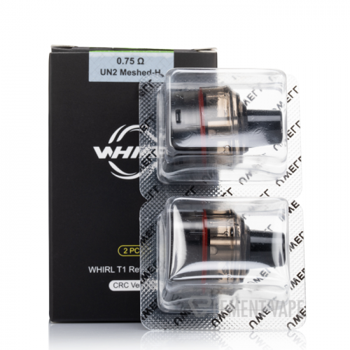 Packaging of Uwell WHIRL T1 Replacement Pods, showing two pod cartridges with visible coils, and specifications like 3mL capacity and 0.75ohm resistance.
