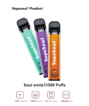 Load image into Gallery viewer, VapeSoul Soul Smile II disposable vapes in different colors (blue, purple, and orange) with a graphic indicating 1500 puffs.
