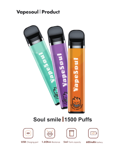 VapeSoul Soul Smile II disposable vapes in different colors (blue, purple, and orange) with a graphic indicating 1500 puffs.