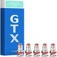 Load image into Gallery viewer, A pack of five Vaporesso GTX replacement coils for vaping devices, featuring a blue and white color scheme with the GTX logo prominently displayed.
