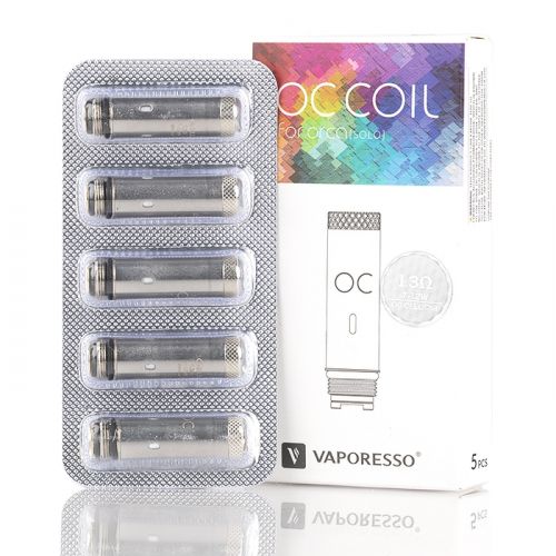 Packaging of Vaporesso Orca Solo OC Replacement Coils showing five cylindrical coils inside a blister pack with a colorful abstract design on the box, alongside a diagram of a coil.