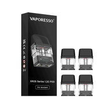 Load image into Gallery viewer, A pack of four Vaporesso XROS Replacement Pods displayed alongside their packaging, emphasizing the 2mL pod capacity and transparent juice viewing window.
