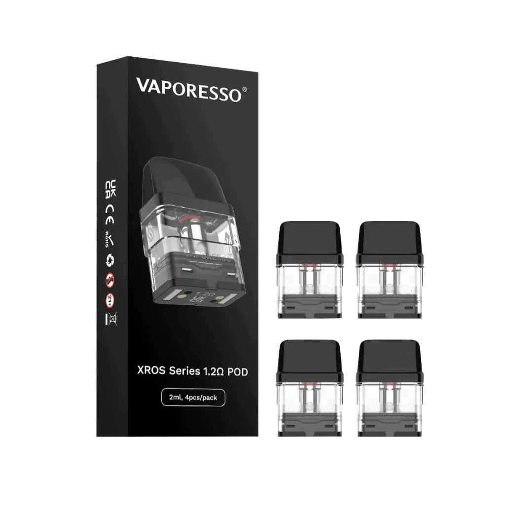 A pack of four Vaporesso XROS Replacement Pods displayed alongside their packaging, emphasizing the 2mL pod capacity and transparent juice viewing window.