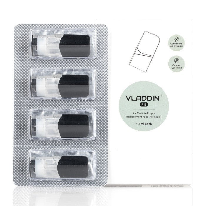 A pack of four Vladdin RE Replacement Pods for vaping, displayed in a blister pack with the brand logo and product information.