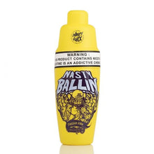 Load image into Gallery viewer, A yellow 60mL bottle of Nasty Ballin e-liquid with a graphic design of a passion fruit and a warning label about nicotine content.
