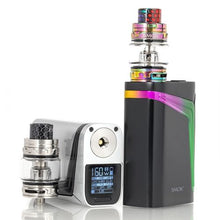 Load image into Gallery viewer, A SMOK V-FIN 160W TC Box Mod in black color with a colorful top section, alongside a TFV12 Big Baby Prince Tank with a clear glass section showing the coil and wicks.
