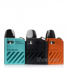 Load image into Gallery viewer, Three Uwell Caliburn AK2 15W Pod System kits in black, orange, and blue colors, displayed vertically.
