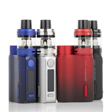 Load image into Gallery viewer, An image showing four Vaporesso SWAG 2 80W Starter Kits in different colors: blue, red, silver, and black. Each mod has a clear glass tank, a black and silver chassis, and a single button on the front.
